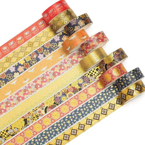 Songdao 10 Rollen Sakura Washi Tape Set Klebeband Papier Dekorativ Gold Silber Folie Masking Tape Klebeband Bunt für Scrapbooking Handwerk Handwerk (Golden Kimono)