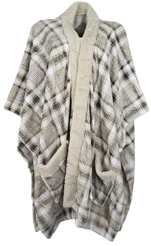 dolcecasabiancheria Vestaglia Poncho Mantella in pile donna Invernale scozzese tartan beige taglia unica