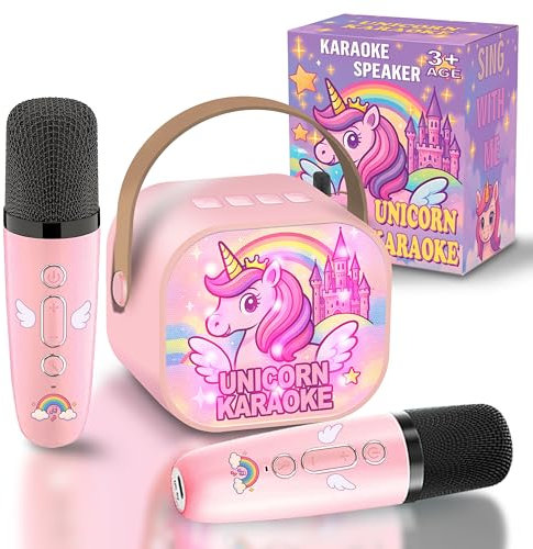 GirliGlee Karaoke Infantil Unicornio,Karaoke Microfono Portátil para Niñas, Karaoke con 2 Micrófonos Inalámbricos, Juguete Unicornio para Niñas 3-12 Años, Regalo Ideal de Cumpleaños o Comunión
