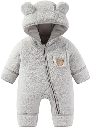 JiAmy Baby vinter overall, småbarn björn huva hopfällbar över vantar strumpor overall småbarn varm fleece sparkbyxor flickor pojkar varma kläder 0–3 månader