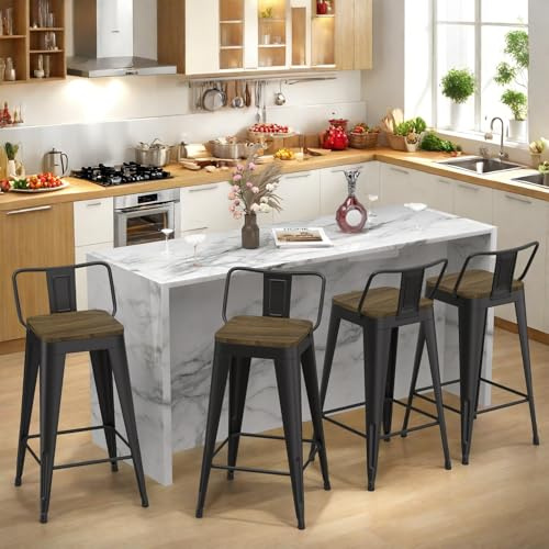 Homvinax 26 Inch Bar Stools Set of 4, Metal Stools for Kitchen Counter with Wood Seat, Low Back Industrial Barstools (Matte Black)