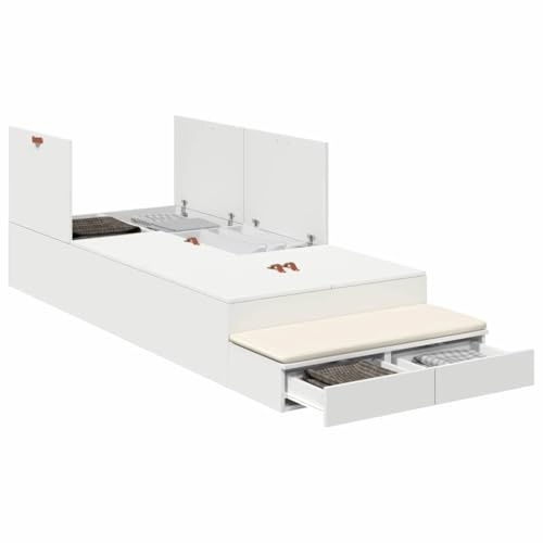 vidaXL Aufbewahrungsbettgestell mit Speicher Weiß 90 cm Holzwerkstoff, Moderner rechteckiger Bettgestell, langlebige Stauraumlösung, Elegantes minimalistisches Design, Kieferholz Möbel