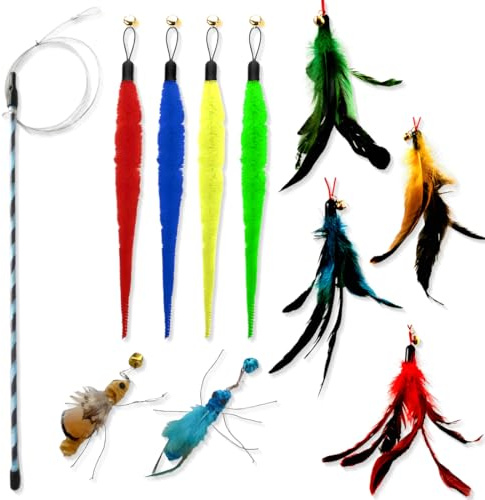 GGUFAY 11 PCS Juguete Pluma de Gato Interactivo, Juguete para Gatos, Caña de Pescar para Gatos con Plumas, Juguete de Interactivo para Gatitos y Gatos para Ejercitar Gatos y Gatitos