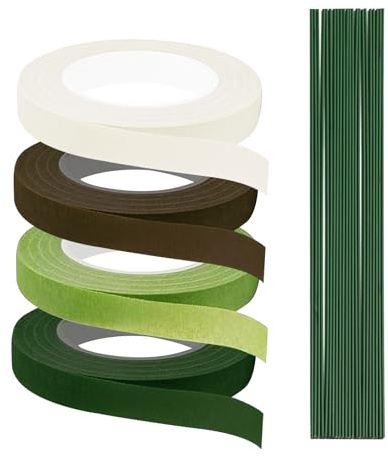APKOL 4 Rollen Grün Braun Weiß Floristenband,50Pcs 30cm Blumendraht | Floristik Kreppband Floristikdraht Grün Steckdraht,Blumenstieldraht Wrapping Blumensträuße für Wrapping