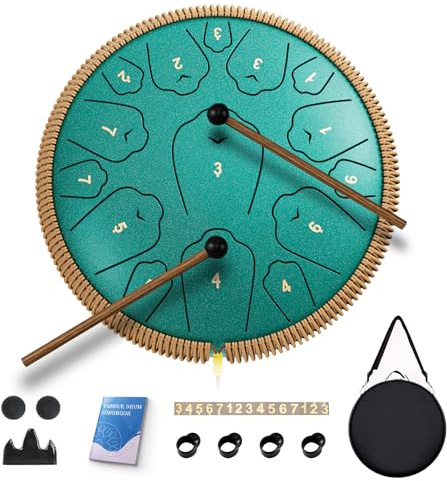 Stahl-Zungentrommel, 33 cm, 15 Töne Zungentrommeln, C-Dur Trommel Perkussionsinstrumente, Handpan-Trommeln mit Musikbuch, Trommelschlägel und Tragetasche (Malachitgrün)