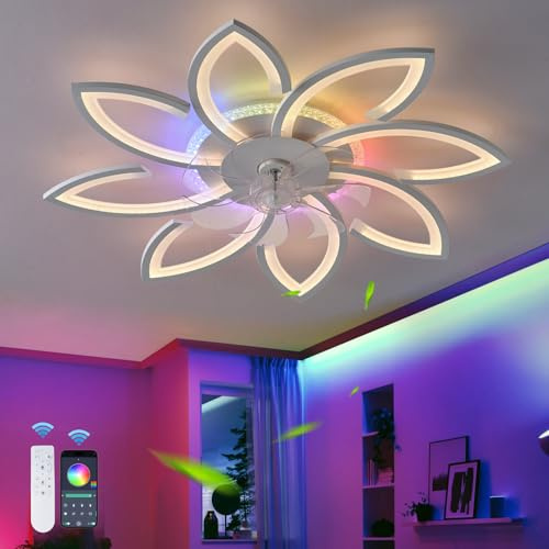 QINGYING Fiore RGB Lampadario Con Pale, Ventilatore Da Soffitto Con Luce Silenzioso E Telecomando, Lampada Con Pale Reversibile 6 Velocità Dimmerabile Per Camera Da Letto Soggiorno, Bianco