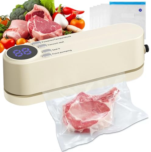 Domigard Envasadora al vacío pequeña 7 en 1 mini selladora al vacío con 3 niveles de temperatura y 5 bolsas de envasado al vacío, portátil de 60 KPA, sellado al vacío inalámbrico, ideal para cocina y