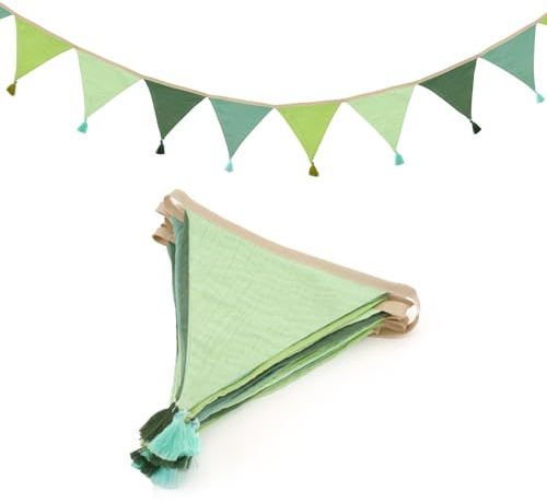 jijAcraft Wimpelkette Kinderzimmer mit Quasten Grün: 2,8m Stoff Wimpelkette Musselin Doppelseitig Girlande Kinderzimmer Stoffgirlande Mädchen Junge für Hausbett, Babybett,Kinderbett
