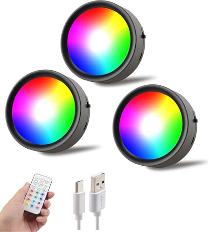 LED Puck Lights, Rechargeable Battery Touch Light for Shelves 3 Pack | Tap Lights, Wireless Closet Light, Under Cabinet Lighting, 13 Colour Temps, Stick On Lights for Kitchen,Closet,Pantry,Black