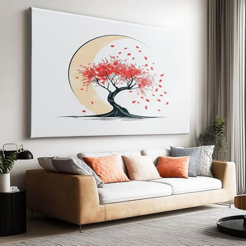 Tableau Decoration Murale Salon Moderne, Cerisier japonais minimaliste et lune 120x90 cm Grand Impression sur Toile pour Chambre Bureau Salle De Bain Maison Décoration