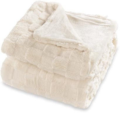 Enyhom Kuscheldecke Sherpa Decke, Doppelgesicht Weiche Jacquard Sofadecke Flauschige Plüsch Fleecedecke Warme Karierte Wohndecke für Couch Zimmer Deko Wohn Kuscheldecken, 152 x 203 cm, Beige