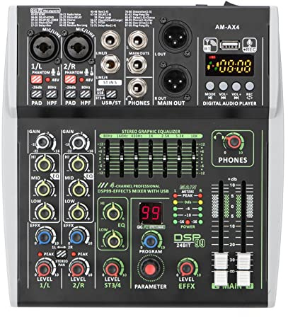 DJ Mixer Controller Mini 4 Channel Audio Mixer Individual Phantom Power 99 DSP Effects Bluetooth USB Computer Play Record Mixing Console for Streaming/Podcasting/Gaming, Phone, Computer(AM-AX4)
