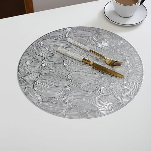 Homxi Lot de 2 Napperon Table Salle à Manger Lavable, 38 CM, Rond avec Motif de Feuilles, Napperon Table Antidérapant Salle à Manger PVC, Argent