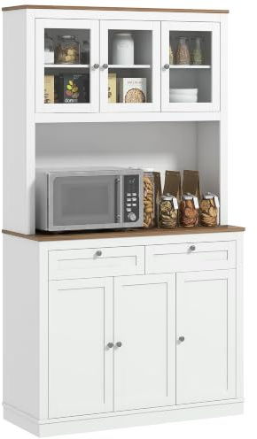 HOMCOM Buffet Haut Cuisine Armoire de Cuisine 6 Portes 100x40x180cm Blanc | Vaisselier, 3 Portes en Verre, 2 Tiroirs, Plan de Travail, Étagères Réglables, Meuble de Rangement Salon Salle à Manger