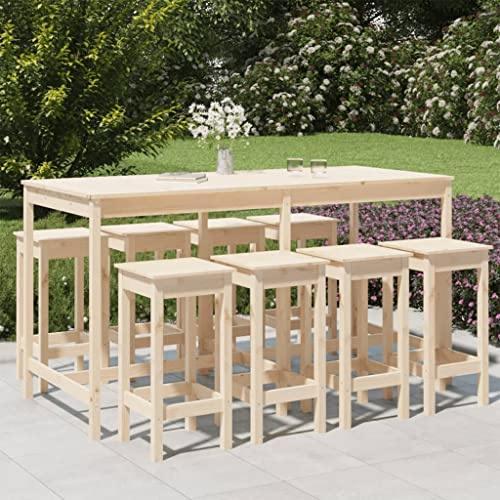 Qnhdfrt Gartenbar Set 9 teilig aus massivem Kiefernholz für Balkon Terrasse und Garten mit 8 Barhockern ohne Lehne