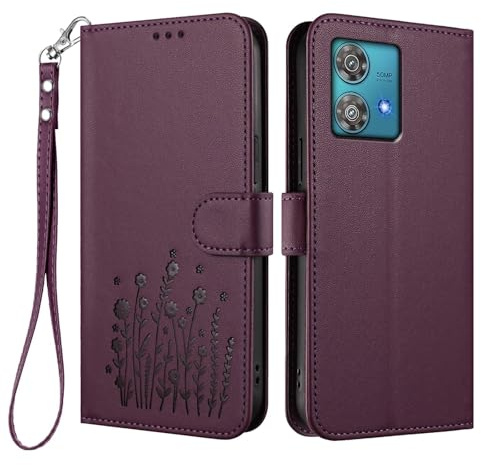 WBWONE Funda Cartera para Motorola Moto Edge 40 Neo, Carcasa de Cuero Diseño Floral Elegante, Soporte Plegable & Protección Antigolpes - Púrpura Oscuro