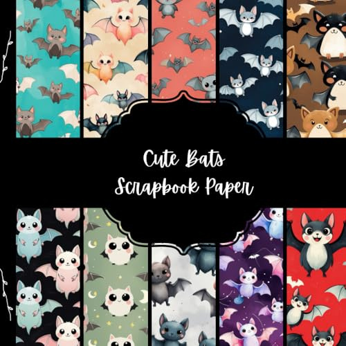 Cute Bats Scrapbook Paper, Halloween Junk Journal Paper, Kawaii Animals Decorative Paper, DIY Projects, Origami, Collage Sheets, Decoupage Paper, 10 Designs, Double SIded
