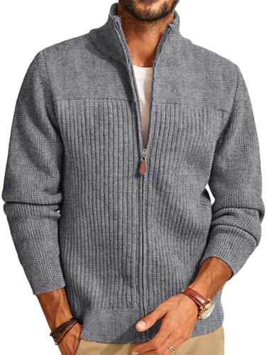 PJ PAUL JONES cardigan med hel dragkedja, ledig ståkrage, ribbstickade cardigan, tröjor, Mörkgrått, XL