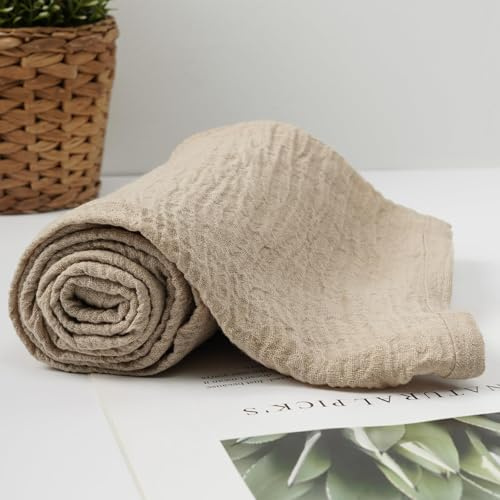 HSOFTIFY 100% Pure Linen Bath Towel with Pleated for Bathroom, Apricot