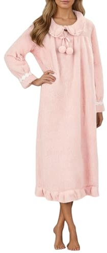 Generisch Camisón largo para mujer de forro polar coral esponjoso - Vestido de dormir suave y cálido con cuello Peter Pan | Cómodo vestido de noche para el invierno, Style_y01 Rosa, M