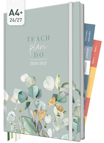 Häfft® Lehrer-Planer Maxi 2026/2027 im A4+ Format Minty Leaves | Großer Lehrerkalender & Schulplaner für das Schuljahr 26/27 – Hardcover mit 4 Lesebändchen, Notenlisten & Stickern
