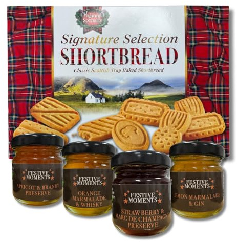 Scottish Luxury Shortbread Gift Set with 4 x 42g Spirit-Infused Preserves – 500g Highland Speciality Shortbread with Whisky, Gin, Brandy & Champagne Marmalades/Jams - Afternoon Tea Snack Bundle