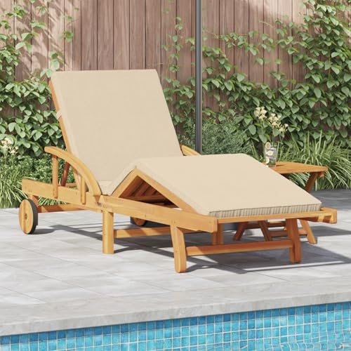 HEFZGDB Klappbare Sonnenliege mit Rädern und Kissen in Beige aus Massivholz Akazie – Verstellbare Rückenlehne für Outdoor-Entspannung, Ergonomische Unterstützung und UV-beständiger
