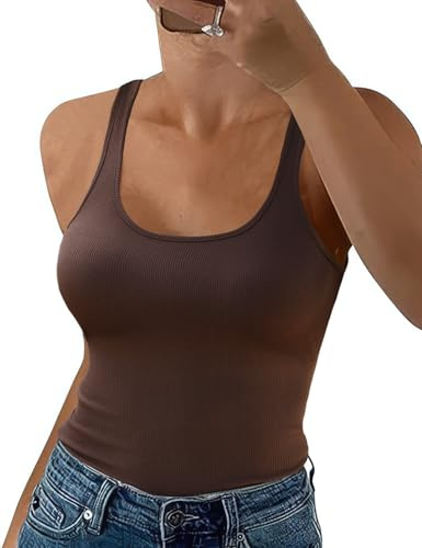 UMIPUBO Canottiera Donna Canottiere Canotte Estive Intime Scollo a U Lunga Intimo Invernale Spalla Larga Casual Elegante Basic Cami Spaghetti Tank Tops Senza Maniche Sexy Comfort Slim Fit Marrone, XL