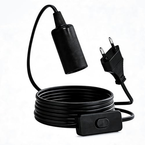 Flomiara Schuko Kabel mit 303 Schalter und E14 Lampenfassung, E14 Fassung mit Stecker max. 60W 250V - Glühbirnen Fassung für Weihnachtsstern, Papierstern uvm - Fassungen für Glühbirnen-Schwarz