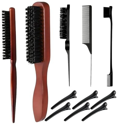 Gykutix Set di 11 Spazzola per Capelli con Setole di Maiale Spazzola per Coda Tirata Kit Spazzole e Pettini Fermagli per Capelli Donne Uomo Antistatici Pettine capelli per Acconciare, Districare