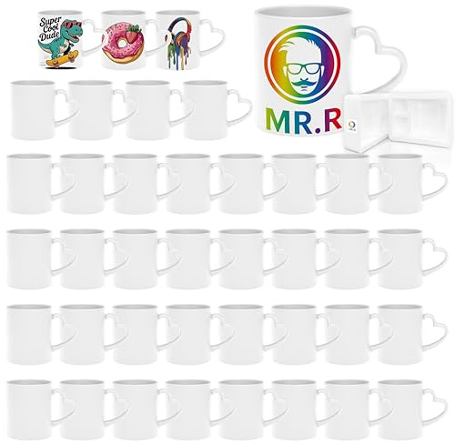 MR.R Lot de 48 tasses à café vierges en céramique blanche de 325 ml avec poignée en forme de cœur pour le lait, le thé, le cola et l'eau