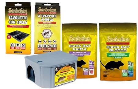 Kit Controllo Topi e Striscianti – Trappole a Colla ed Esche Rodenticide con Scatola di Stoccaggio – Uso Interno ed Esterno