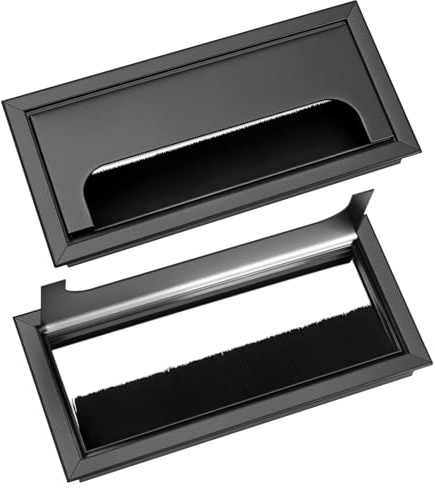 QWORK® 2 Pcs Desk Cable Grommets 160x80mm – Aluminum Alloy Rectangular Wire Hole Cover with Brush for Home Office, Computer Table & Conference Desk – Black Cable Tidies Organiser