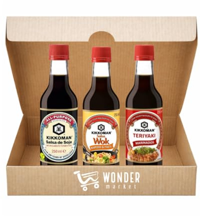 Wondermarket. Pack de 3 Salsas orientales de Kikko Man. Salsa de soja original, salsa Wok y salsa Teriyaki.