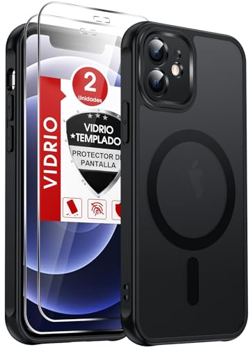 LeYi Cover per iPhone 12 Compatibile con Magsafe con Vetro Temperato(Nero) | Magnetica Custodia per iPhone 12 Traslucida Opaca Anti-Impronte Resistente Antigraffi TPU Bumper Antiurto Protettiva Case