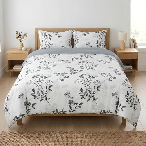 H HANSEL HOME Funda Nórdica Cama 150-3 Piezas - Microfibra Transpirable - Funda Edredón 220x240 cm, 2 Fundas de Almohada 50x75 cm - Estampada Floral Gris