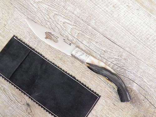 Generico Coltello Artigianale arburesa Sardo 22 cm, Manico in Corno di Montone, Lama Incisa con Sardegna, Personalizzazione Laser, Fodero in Velluto