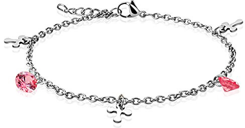 Bungsa Bettelarmband für Damen mit Kreuz und Kristall aus 316L Edelstahl