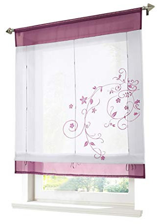 BAILEY JO 1er-Pack Raffrollo mit Tunnelzug Blumen Stickerei Gardinen Transparent Voile Vorhang (BxH 100x140cm, Violett)