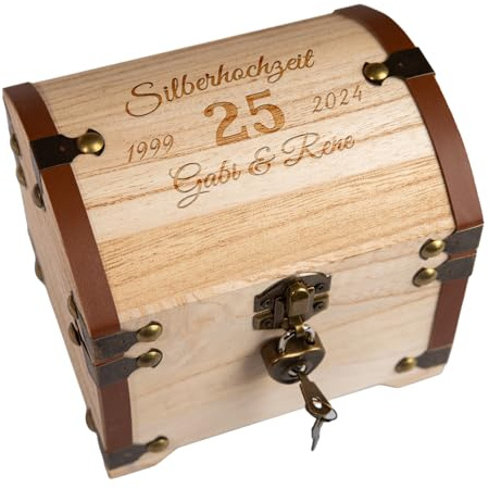 Schatztruhe mit Gravur zur Silberhochzeit | Personalisiertes Geschenk zum 25 Hochzeitstag | Originelle Geldgeschenk Verpackung | Geschenkidee Hochzeitsjubiläum der Eltern | Silberne Hochzeit