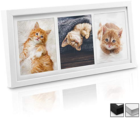 bomoe Bilderrahmen Galeria für 3 Fotos 13x18 cm - Fotorahmen aus Holz, Kunststoffglas, Metall-Aufhängung & Passepartout Multirahmen für Bilder Collagen - Weiß