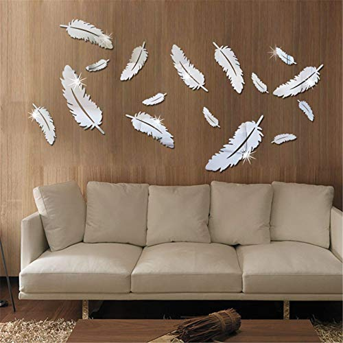 Greenf 16pcs 3D Acryl Feder Spiegel Selbstklebend Wandaufkleber DIY Wand Wandspiegel Acrylic Wall Sticker für Schlafzimmer Wohnzimmer Dekoration (Silber)