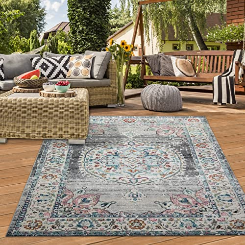 Teppich-Traum In- & Outdoor Teppich Vintage Blumen Grau Blau 160x230 cm | Pflegeleicht, schmutzabweisend, farbecht und strapazierfähig, für Terrasse, Balkon, Garten, Pavillon und Essbereich