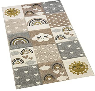 CARPETIA Teppich Kinderzimmerteppich Kinderzimmer Teppich Herzchen Wolken Regenbogen Punkte grau beige braun Größe 80x150 cm