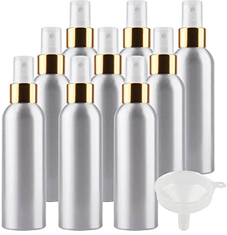 TIANZD 12 Piezas Pequeño 150 ml botella de spray pulverizador Botella de Aluminio Plata con Bomba en Blanco/Oro Niebla Fina Atomizador para Perfume Viaje Artículos de Agua Cosmético con Embudo