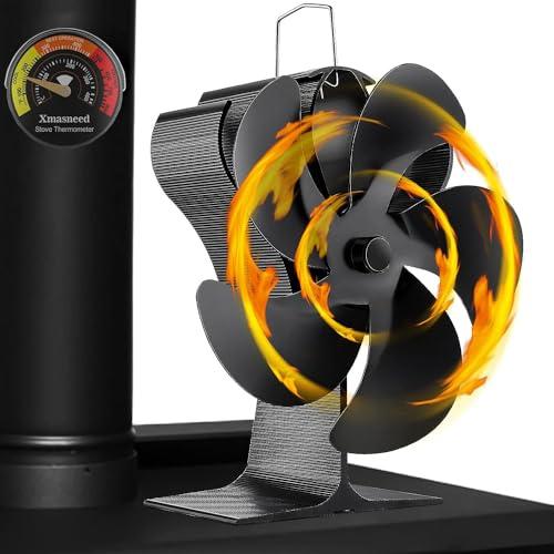 Kaminventilator, 6 Flügel-Ofenventilator Stromloser Leiser Betrieb, Wärmebetriebener Ventilator mit Thermometer, Kaminöfen Ohne Strom Hitzebetrieben Kamin Ventilator für Holz/Holzbrenner/Kamin Erhöht…