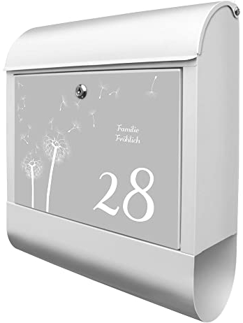 banjado Design Briefkasten personalisiert mit Pusteblume GW 38,5x46,5x13cm & 2 Schlüssel - Briefkasten Stahl weiß mit Zeitungsfach pulverbeschichtet - Postkasten A4 Einwurf inkl. Montagematerial