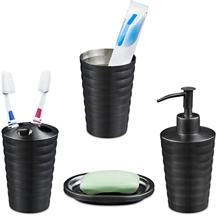 Relaxdays Badezimmer Set, 4-teilig, Seifenspender, Seifenschale, Zahnputzbecher, Zahnbürstenhalter, Edelstahl, anthrazit