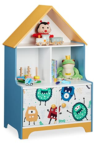 Relaxdays Kinderregal, 5 Fächer für Spielzeug, Monstermotiv, HBT: 100 x 63,5 x 40 cm, Kinderzimmerregal mit Türen, bunt