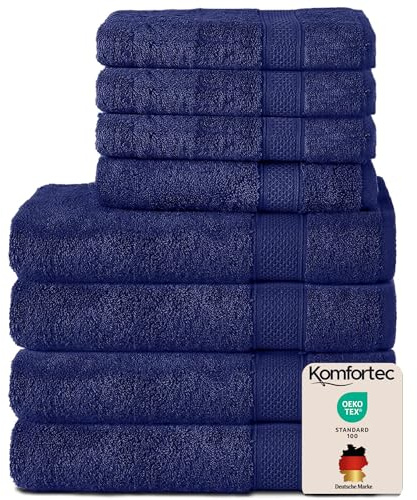 Komfortec Handtuch Set 8 Teilig aus 100% Baumwolle, Navyblau | 4 Badetücher 70x140 cm, 4 Handtücher 50x100 cm, Frottee, Flauschig und Saugstark